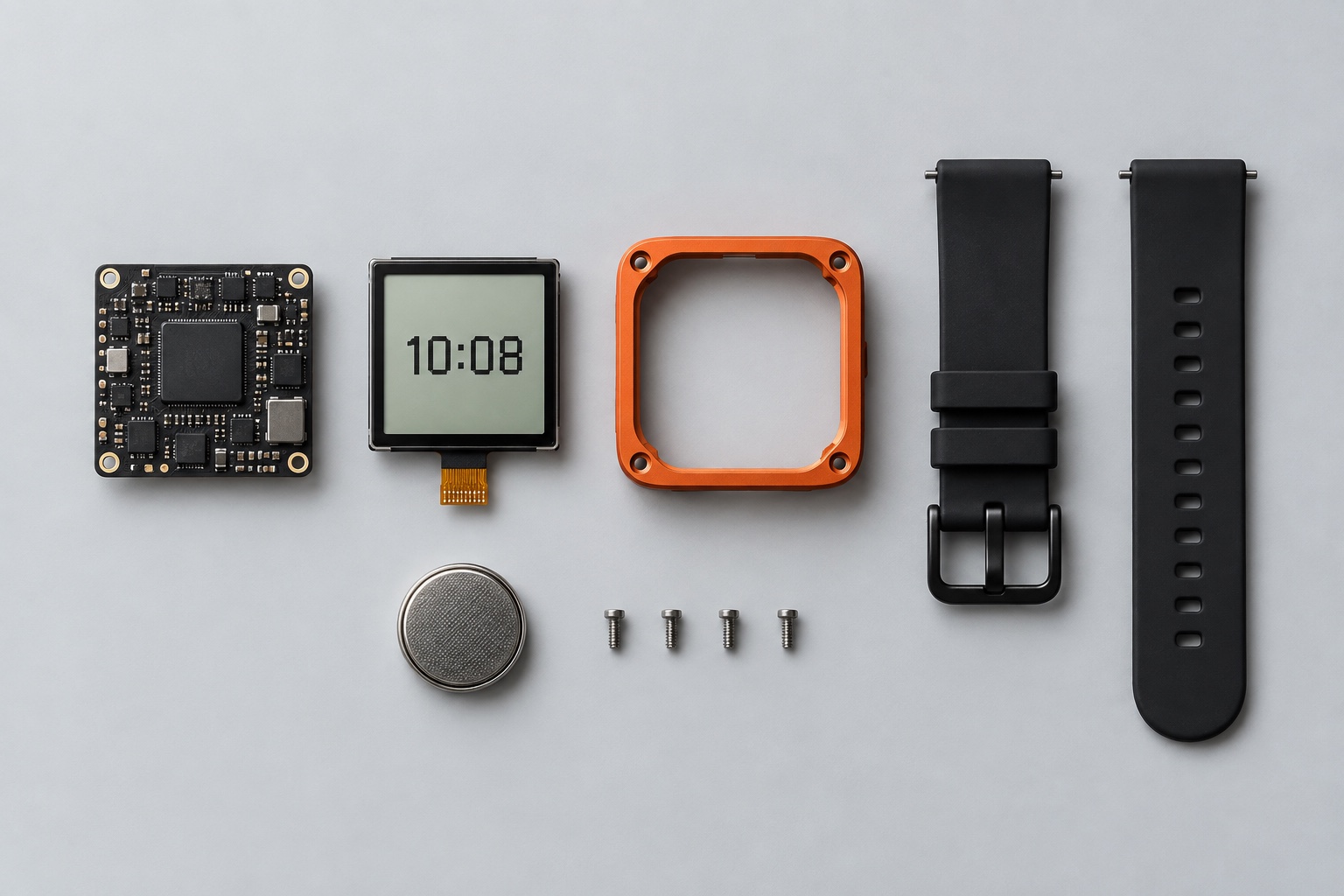 Concept flat lay of a connected watch kit: circuit board, LCD, orange bezel, strap, battery, and screws